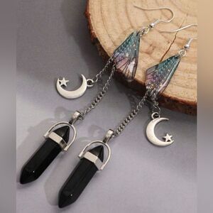 Cottagecore Earrings, Gothic Butterfly Wing, Crescent Moon, Star, Black Crystal